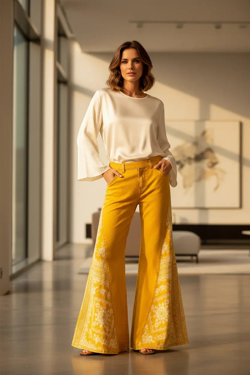 Bohemian wide leg pants back view showing refined drape