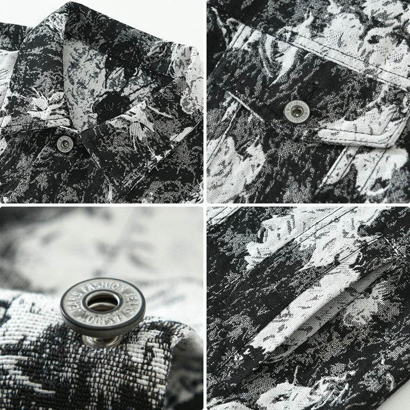 Collage of close-up shots of a camouflage-patterned fabric with a button, showing texture and details.
