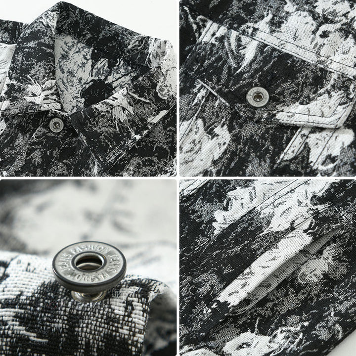 Collage of close-up shots of a camouflage-patterned fabric with a button, showing texture and details.