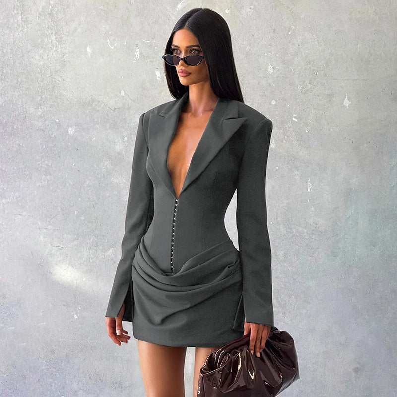 high waist pencil skirt dress in navy blue full body shot