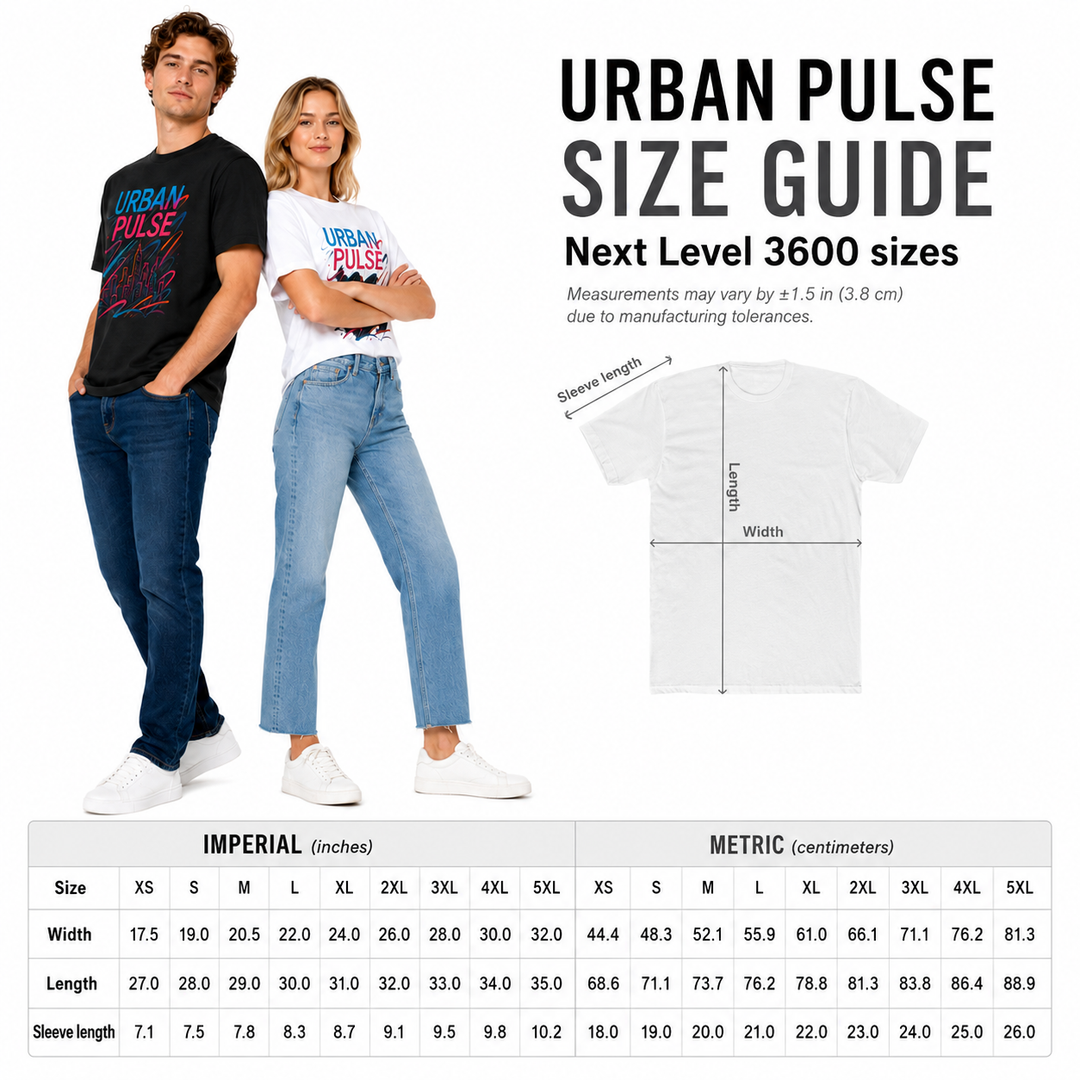 Size guide for Urban Pulse t-shirts with two models wearing the shirts and a diagram of the shirt.