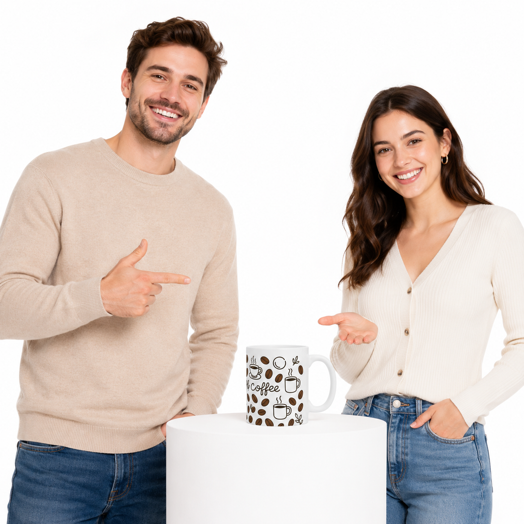 Coffee mug set in glossy white ceramic with vivid coffee bean artwork shown as cheerful drinkware for morning coffee routines