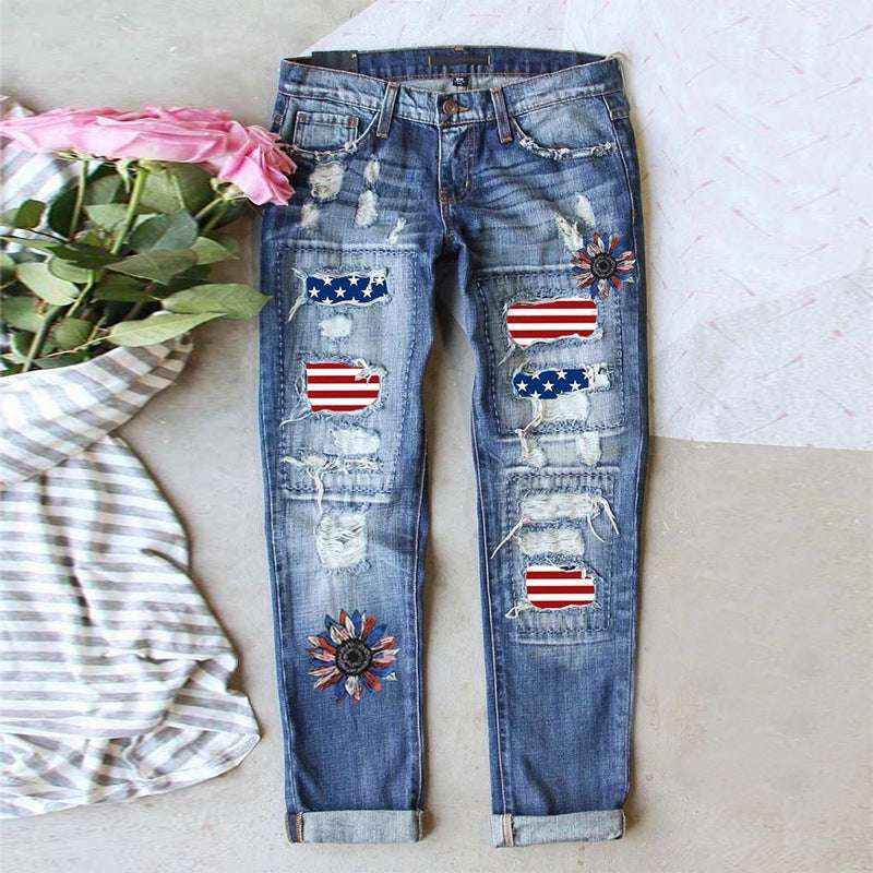 Flag Denim Ripped Trousers - Celebrate in Patriotic Style