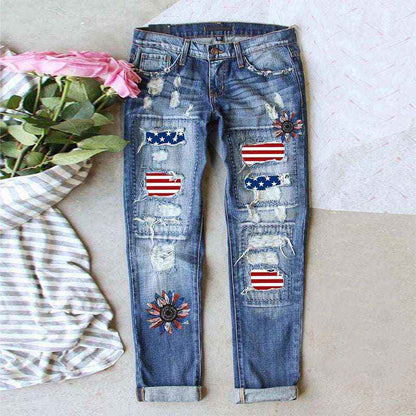Flag Denim Ripped Trousers - Celebrate in Patriotic Style