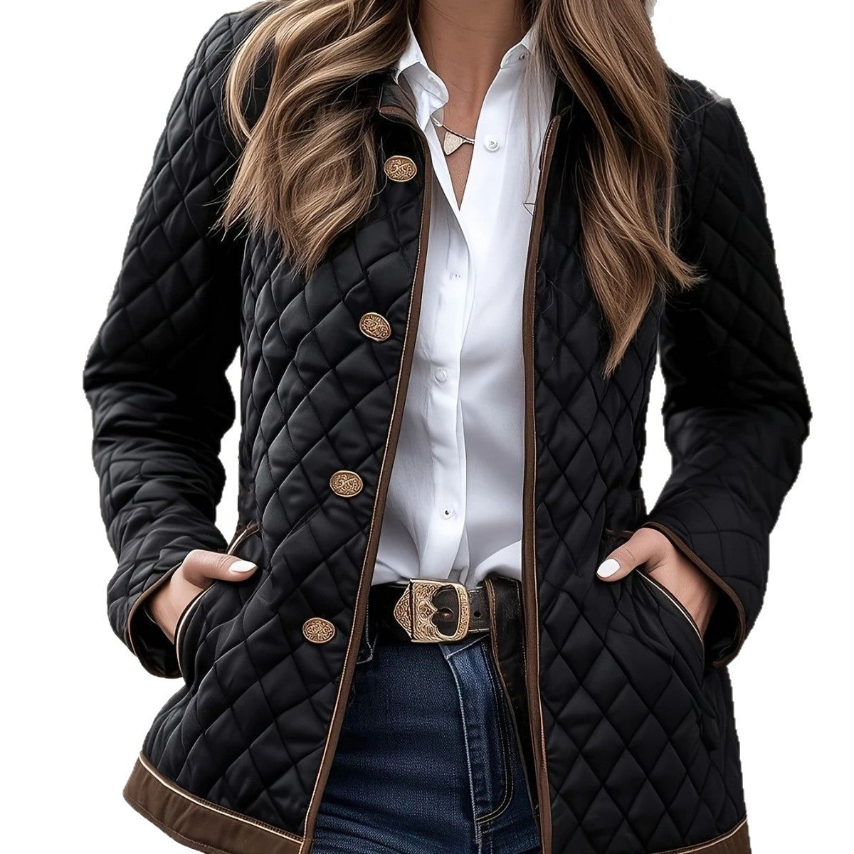 jacket for women back view showing plaid diamond pattern placement and medium thickness structure for layering
