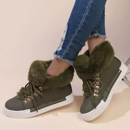 low heel suede boots for women featuring adjustable laces plush fur ankle collar front angle
