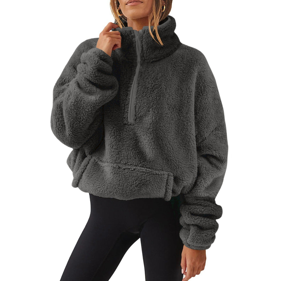 velvet fleece half zip sweater half zipper neckline detail close view