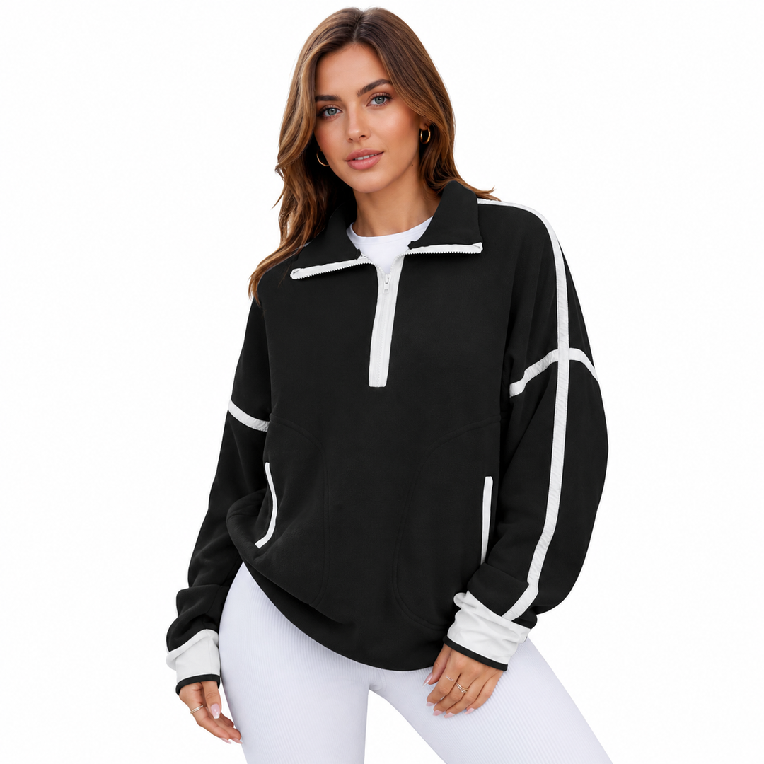 Long sleeve pullover sweatshirt with stand collar and front zipper detail