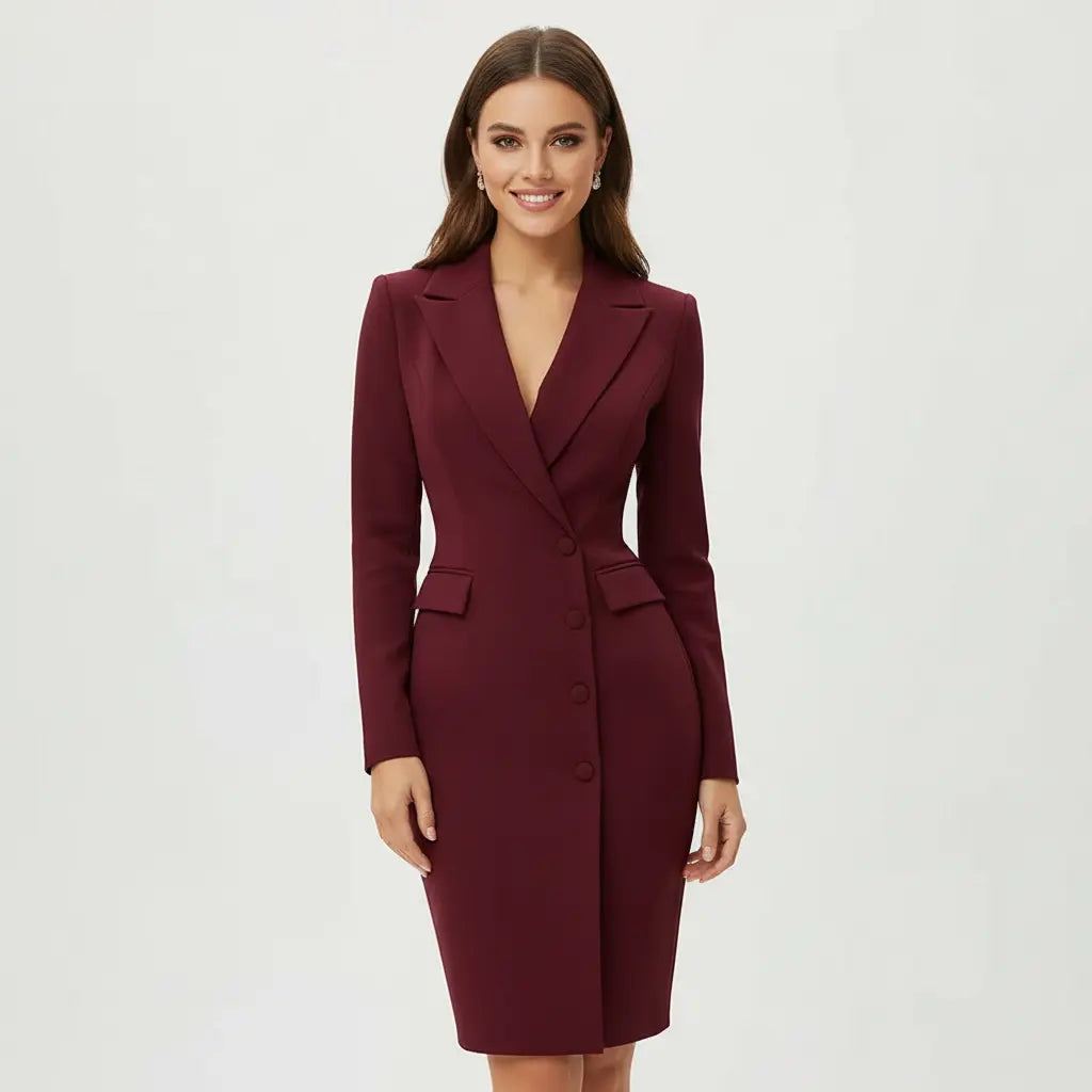 single breasted navy blazer dress long sleeve structured tailored fit workwear front view
