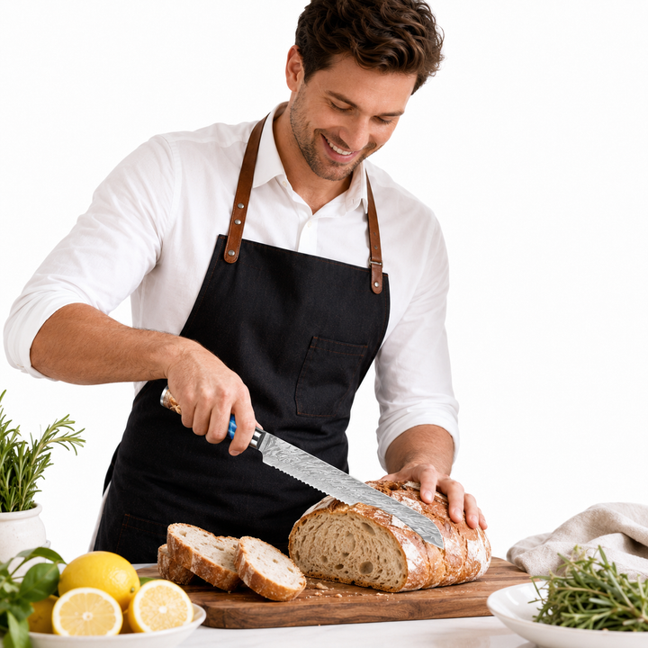 Chef knife set displayed on clean kitchen counter with premium look