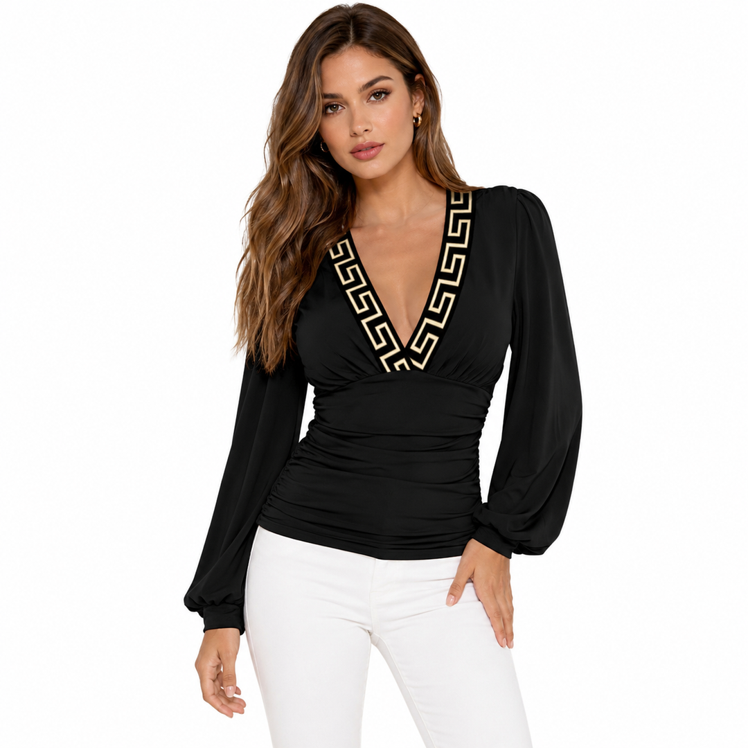 Black V-neck blouse for women with gold geometric trim, long puff sleeves and fitted ruched waist for elegant outfit styling