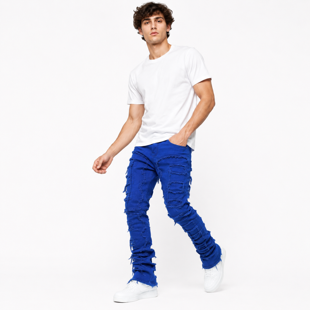 Mens fashion jeans with stacked ankle design and patchwork ripped detailing