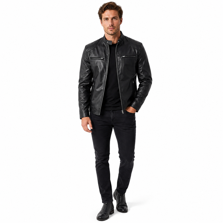 Mens leather jacket in genuine black leather with stand collar, slim fit, front zipper and practical pockets for smart looks.