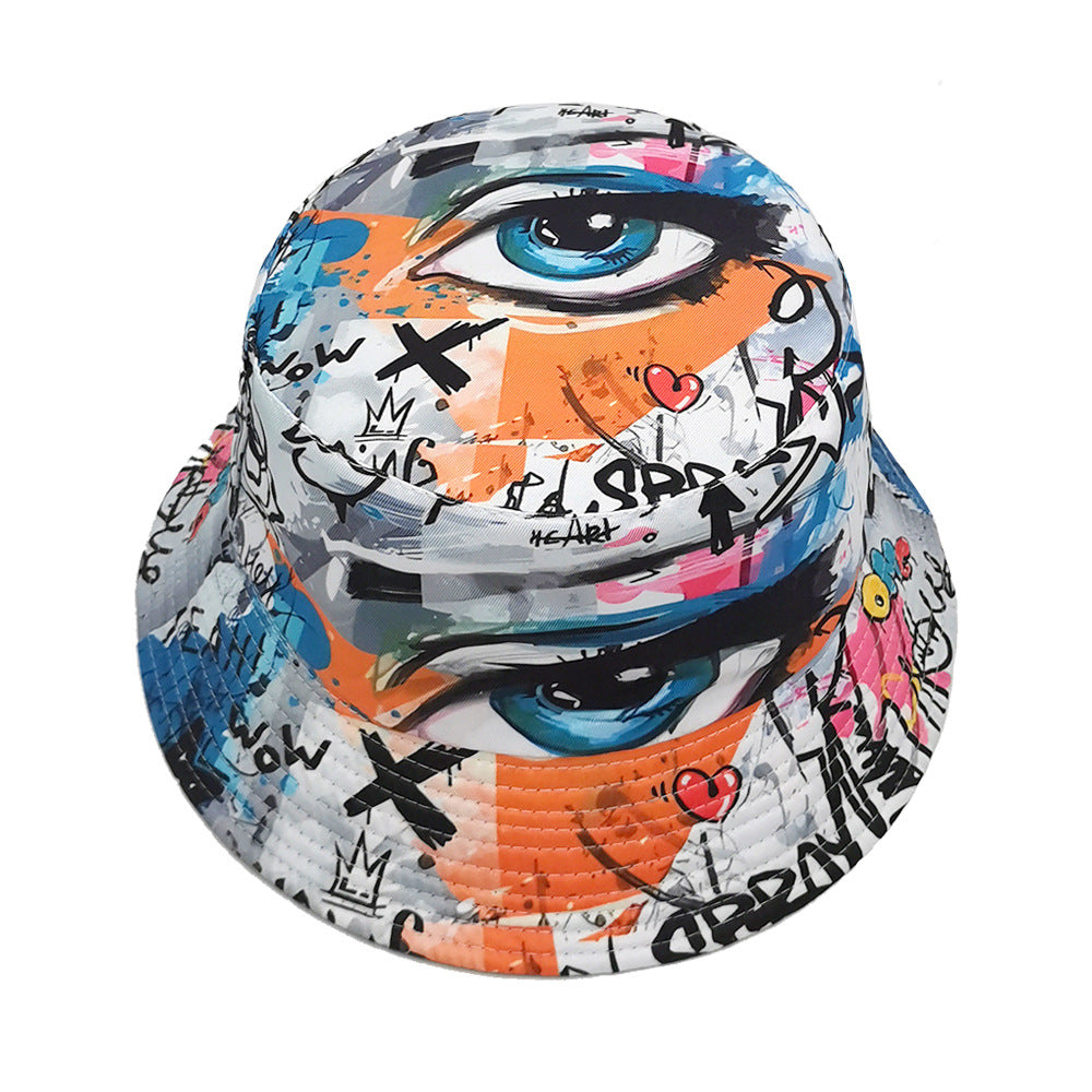 eye print bucket hat on white bucket hats style, smooth polyester fabric with retro art vibe for festivals and holidays
