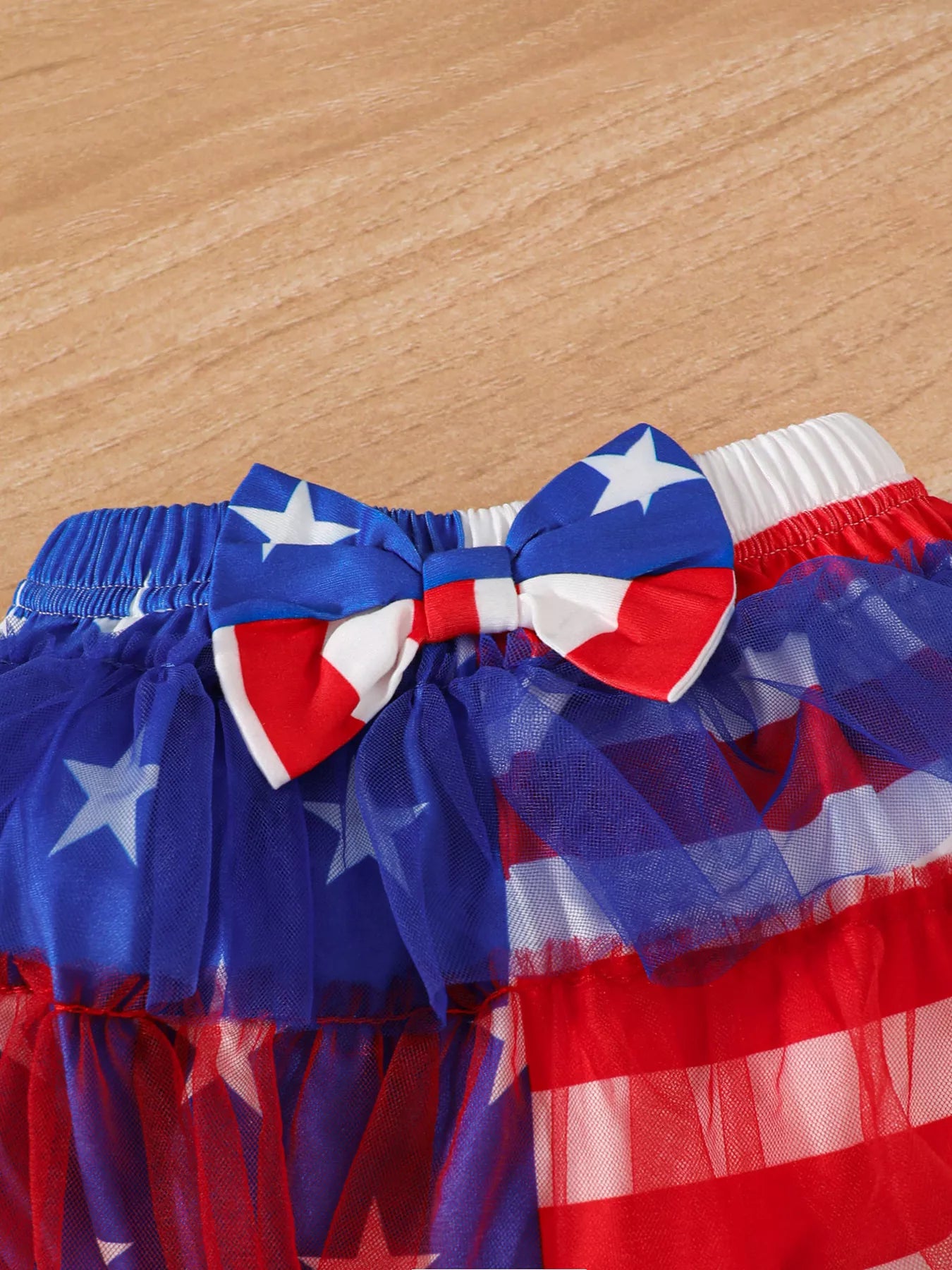 tutu bloomer shorts set elastic waistband with star print panel and bow accent for baby girl patriotic outfit look
