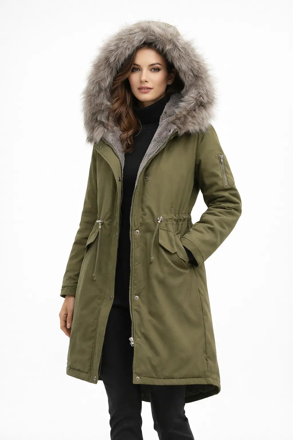 Women’s Cotton Padded Parka army green velvet lined interior detail premium winter layering