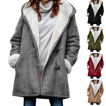 Women's hooded sherpa coat red vintage duffle toggles, fleece lined mid-length outerwear for cozy street style
