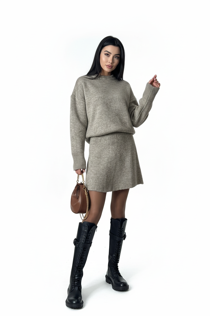 Elegant casual sweater skirt set for women styled in a modern indoor setting