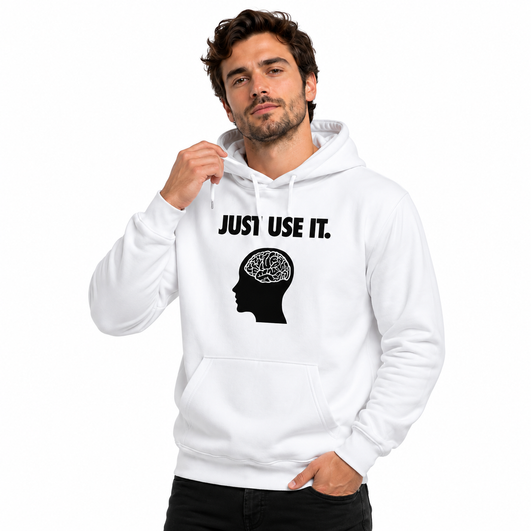Mens loose fit hoodie in white with printed front artwork padded hooded sweatshirt style and easy streetwear appeal daily use