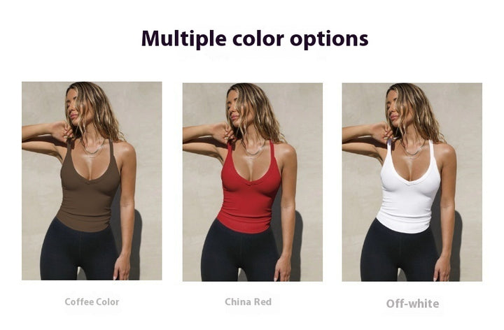 Three images of a woman wearing tank tops in different colors with text indicating color options.