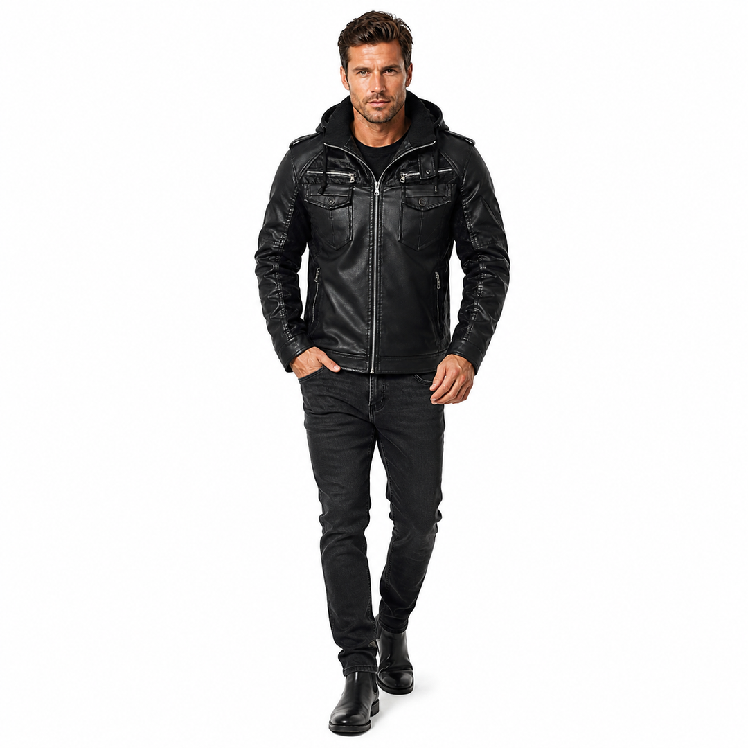 Winter PU leather jacket for men with side seam pockets
