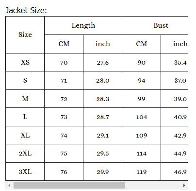 Original hooded jacket size table showing length and bust in centimetres and inches.