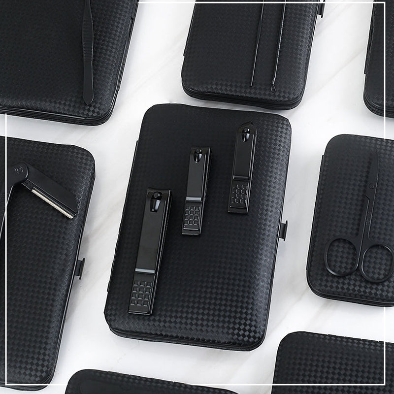 Multi-piece nail care set with manicure and pedicure tools arranged for clear comparison when selecting set configurations.