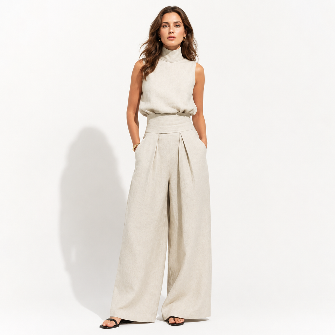 Sleeveless two piece set for women with relaxed trousers and chic summer outfit styling