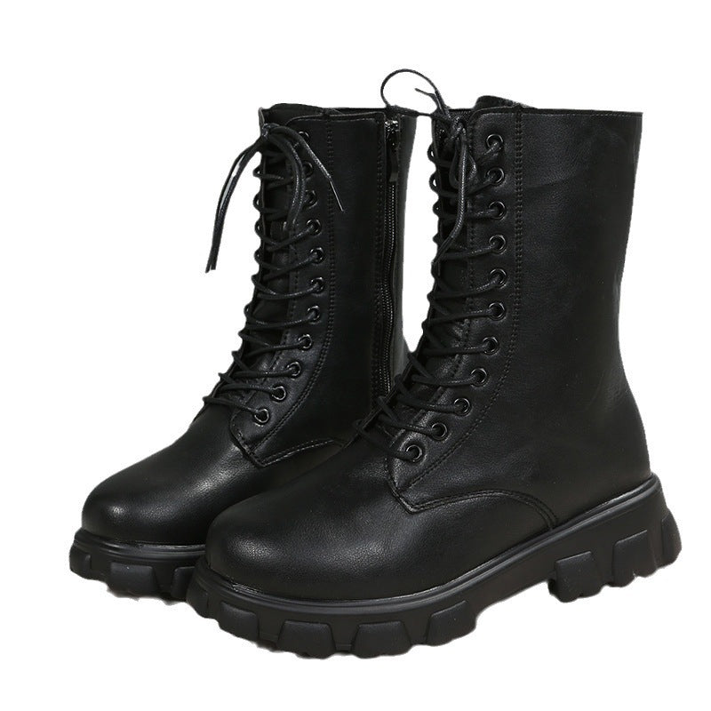 Black and white lace-up boot options shown with low-top shaft, round toe and low heel for product comparison, product detail.