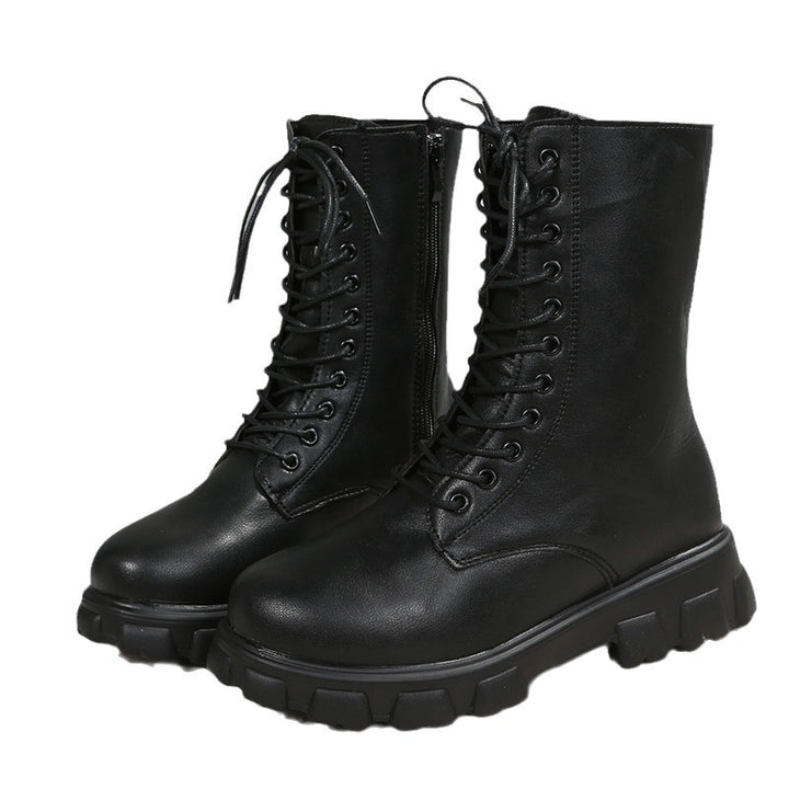 Black and white lace-up boot options shown with low-top shaft, round toe and low heel for product comparison, product detail.