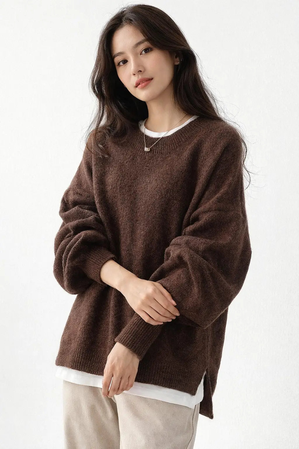 Women's Wool Crewneck Sweater Lantern Sleeve Loose Fit