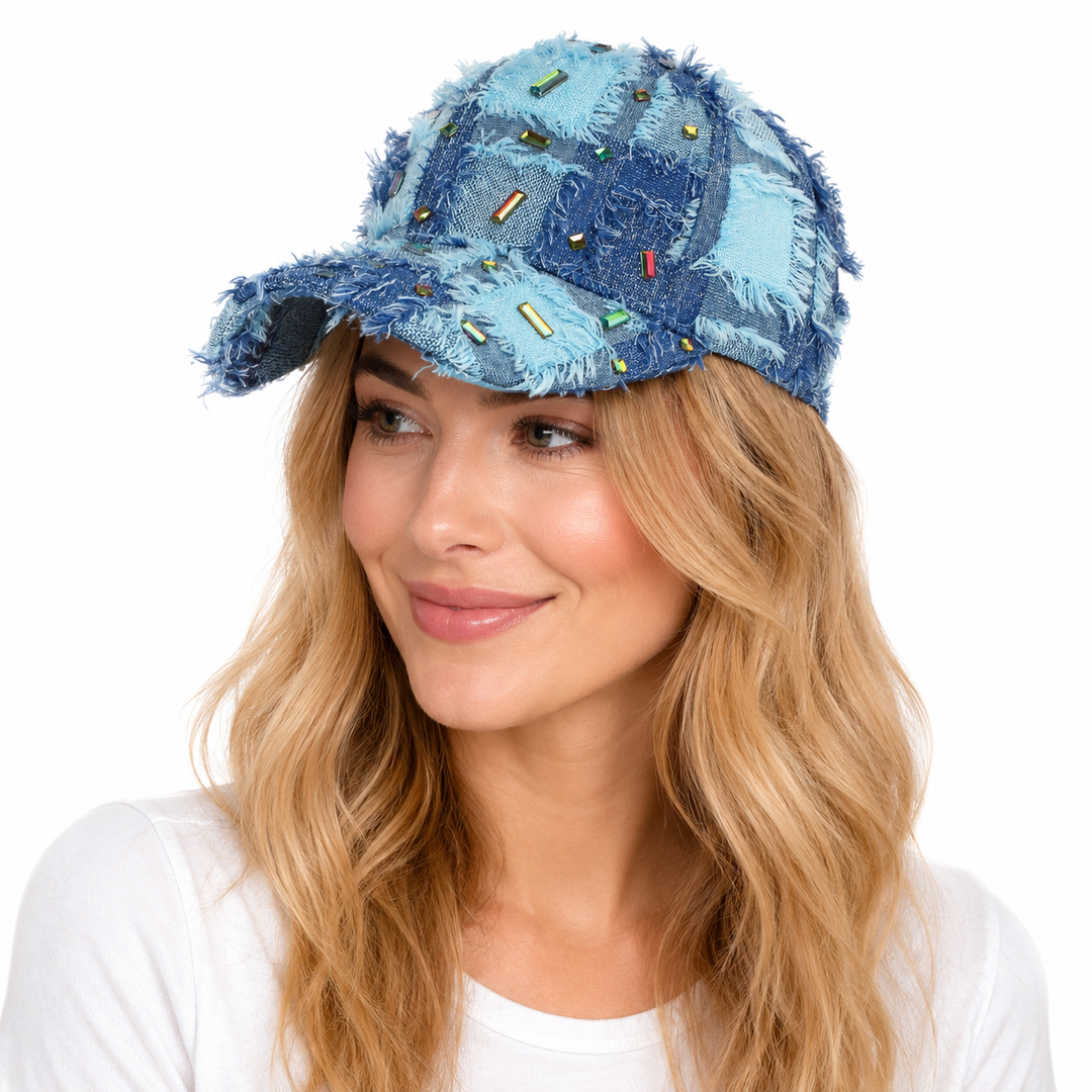 Retro baseball cap with distressed finish, woven construction, fringe detail and shiny diamond accents for casual streetwear.
