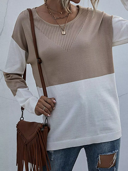 "women color block pullover sweater full length"

