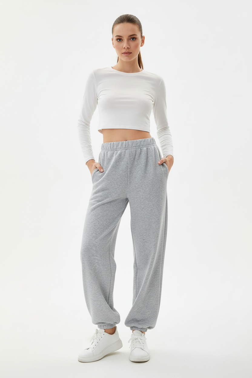 Fleece Lined Straight Pants Women High Waist Gray Trousers