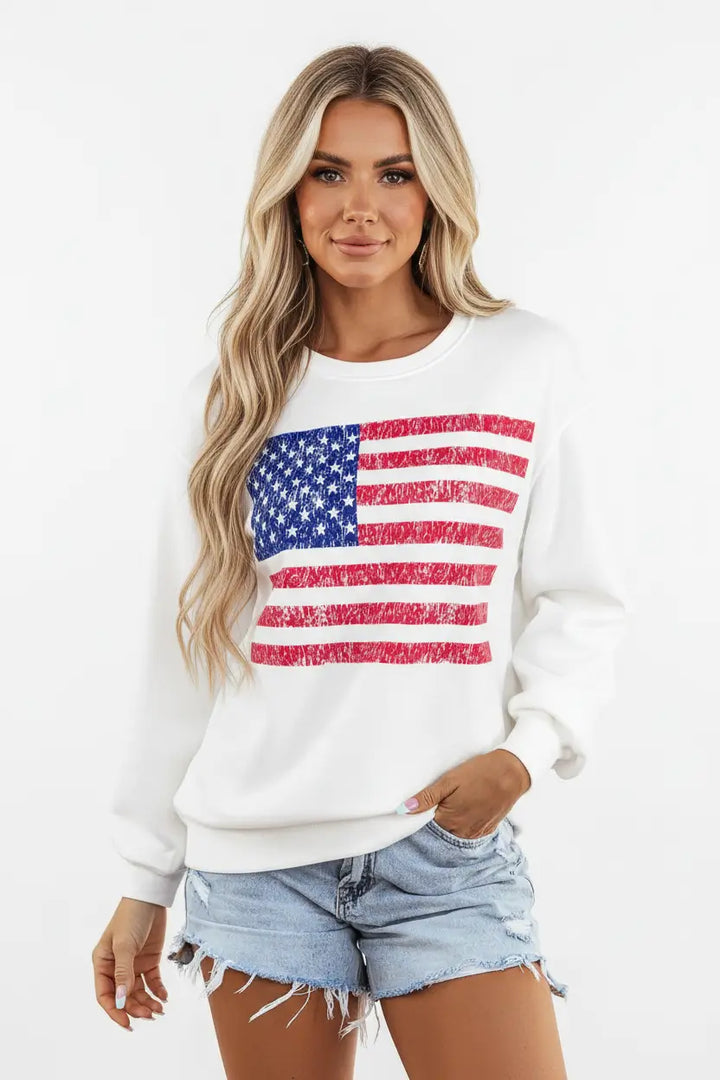 Women’s American Flag Sweatshirt front view patriotic graphic detail studio setting