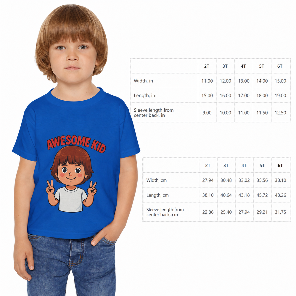Printed children's t-shirt featuring an Awesome Kid message, medium-weight cotton fabric, and structured side seams for play.
