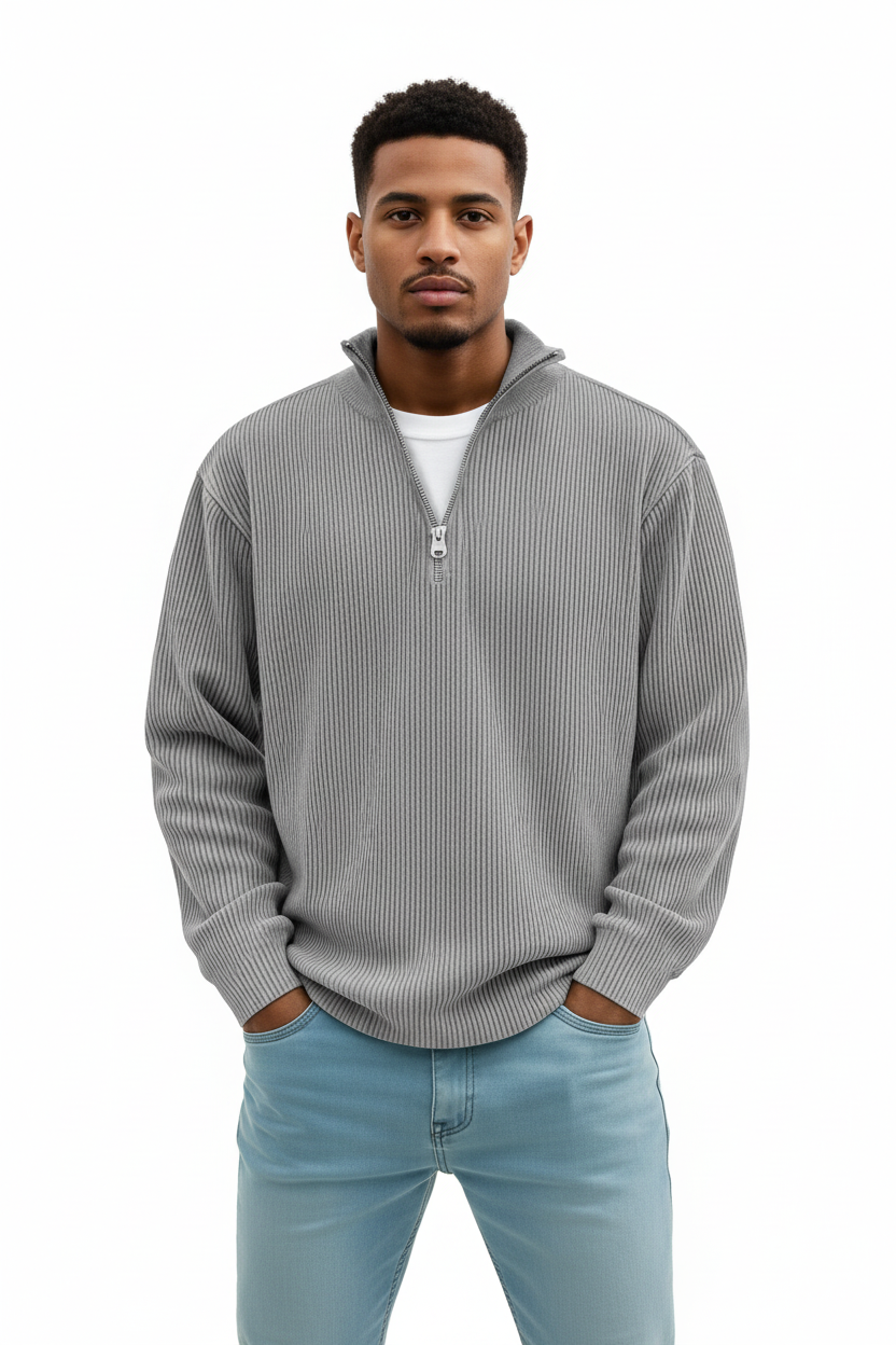 corduroy sweatshirt men front zip detail textured fabric close-up lifestyle