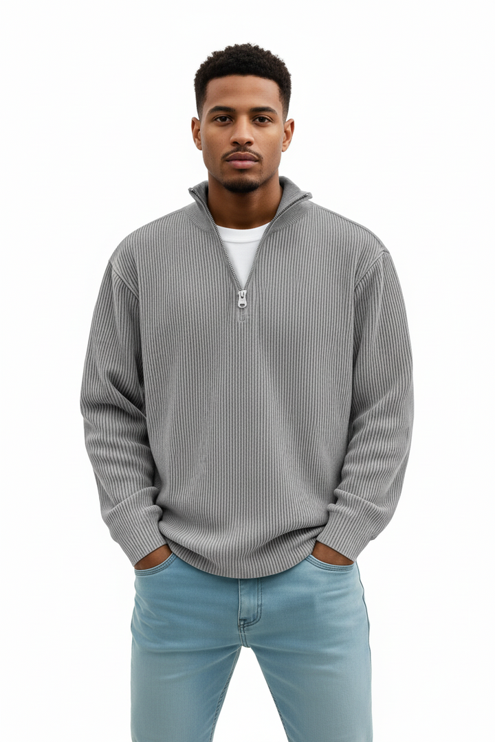 corduroy sweatshirt men front zip detail textured fabric close-up lifestyle