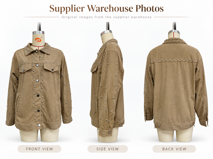A tan jacket displayed on three mannequins against a white background, labeled front view, side view, and back view, with the heading &