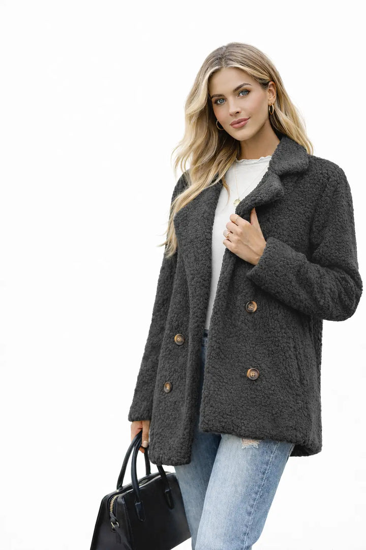 Fluffy Winter Coat button front detail close view highlighting soft polyester texture premium finish