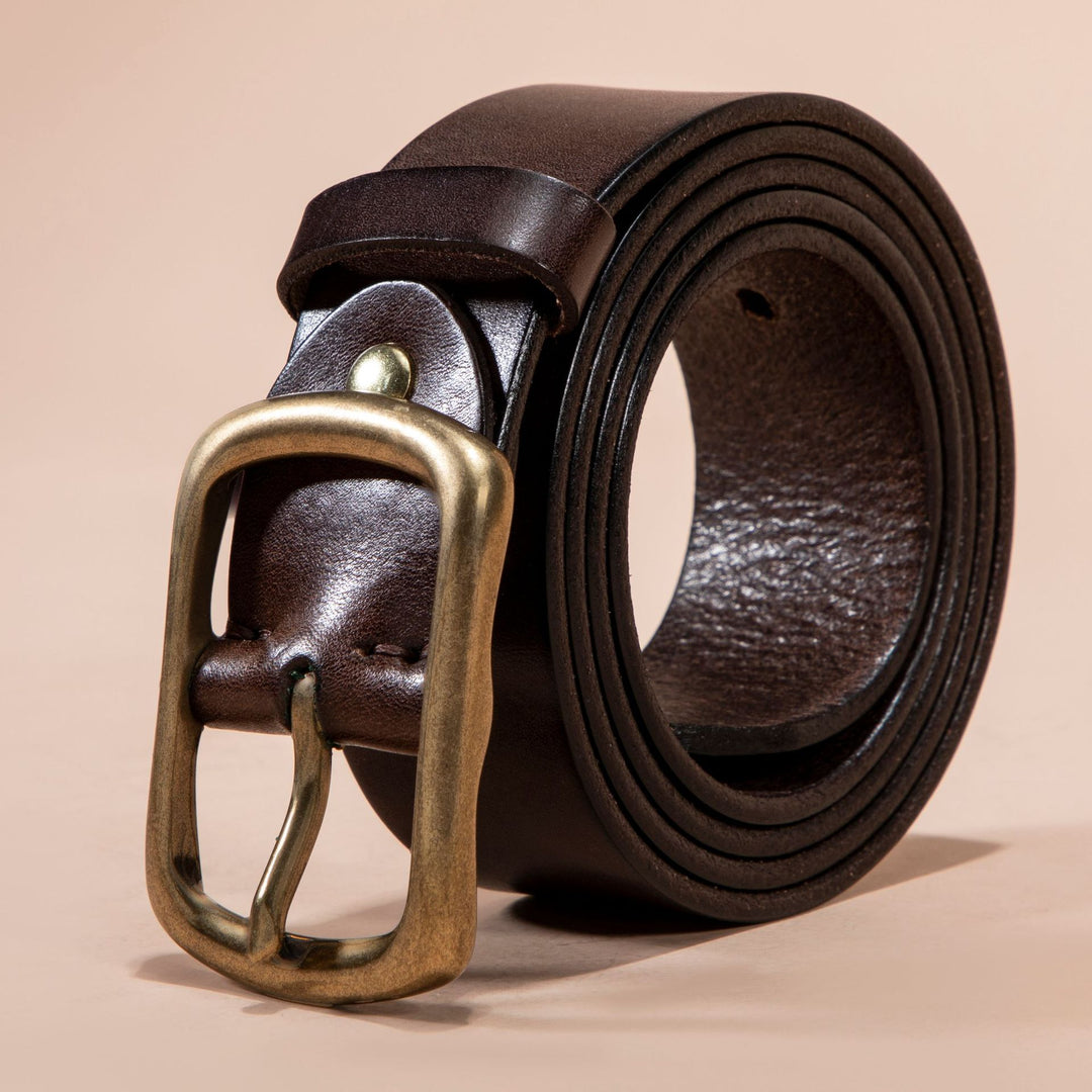 premium leather belt brass buckle styled for smart casual european look
