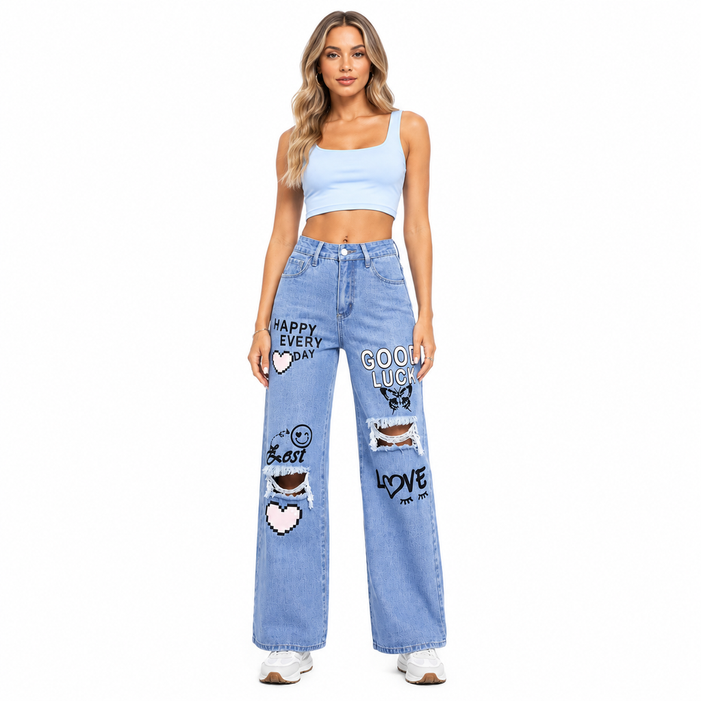 Wide Leg Jeans for Women - Distressed Raw Hem Denim Fit