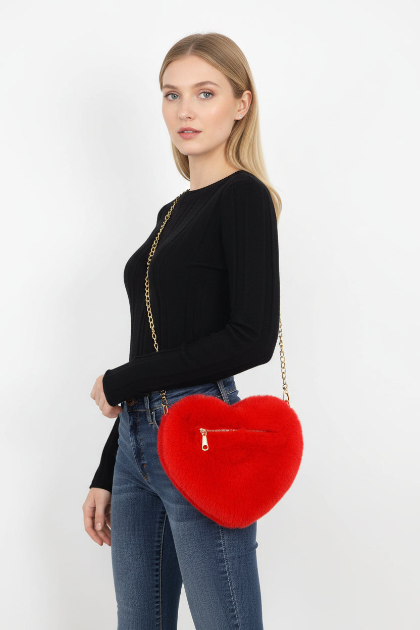 Red Heart Plush Shoulder Bag for Women – Valentine Chain
