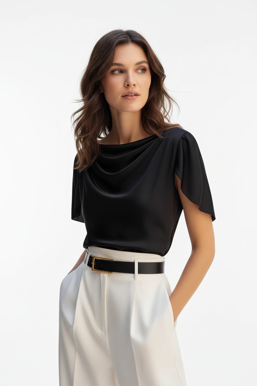 Close-up of scoop neckline detail on black polyester puff sleeve women's top, solid color fabric
