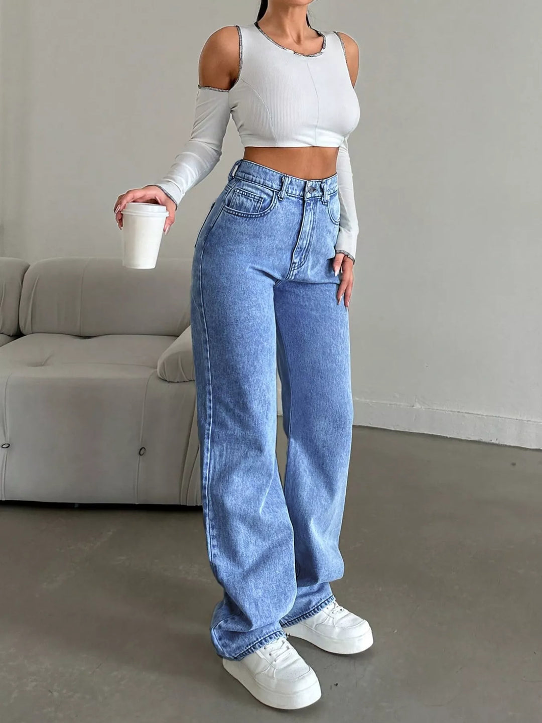 womens wide leg jeans hemline and drape shown in motion for effortless, premium wide-leg silhouette now
