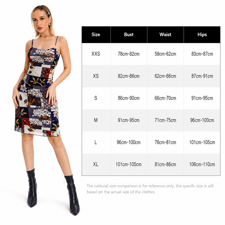 Elegant French style dress with model and size chart for XXS to XL measurements