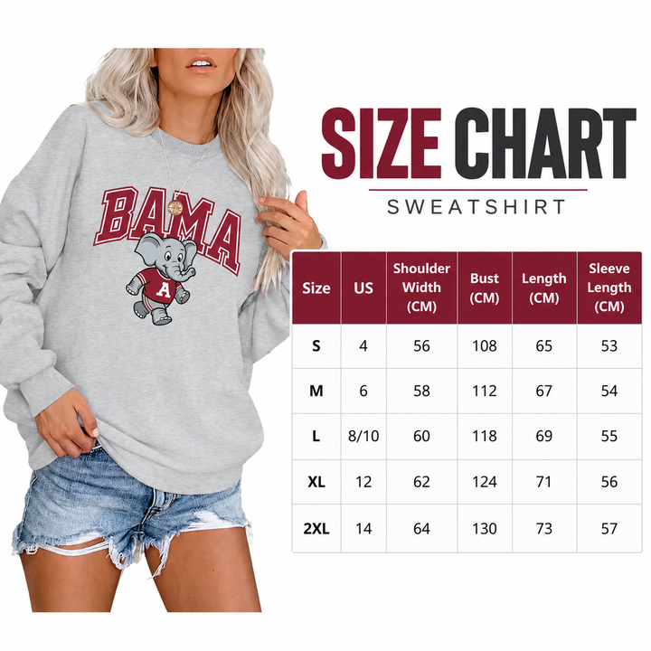Sweatshirt size chart image with US size, shoulder width, bust, length and sleeve length