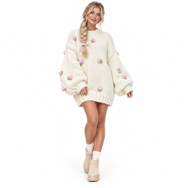 Embroidered floral sweater for women with mock neck and long sleeves