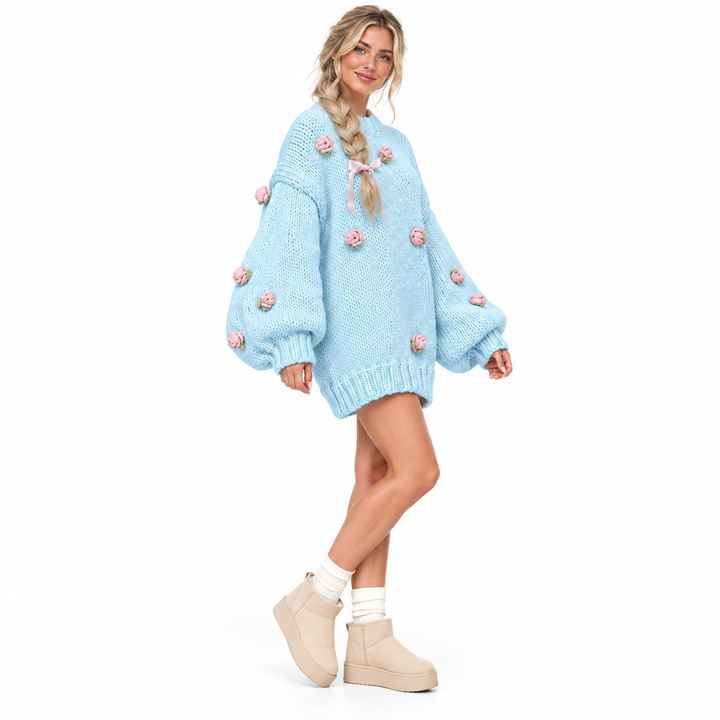 Floral pullover sweater for women in White, Pink or Light Blue