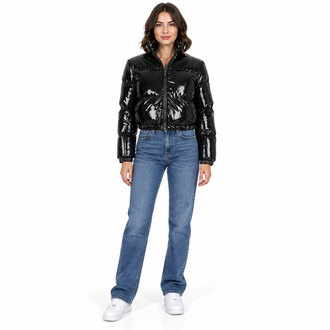 Front view of a black zip-front padded jacket with a stand collar and gathered hem.